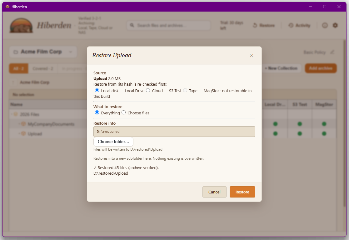 Hiberden Restore dialog confirming that all files were restored and the archive was verified.