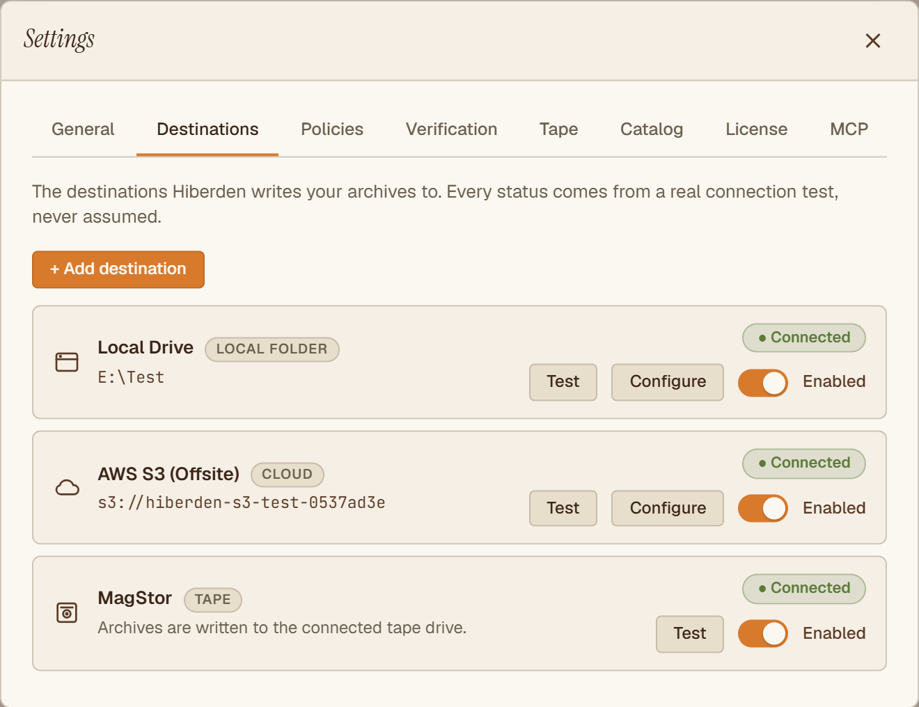 Hiberden Destinations settings with a local drive, an S3 cloud bucket, and a tape drive, each marked Connected.