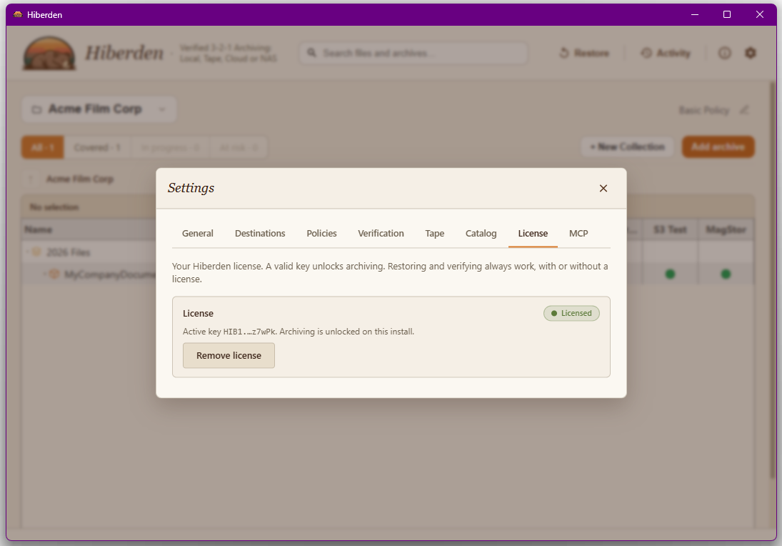 Hiberden License settings showing an activated license with a Licensed badge and a Remove license button.