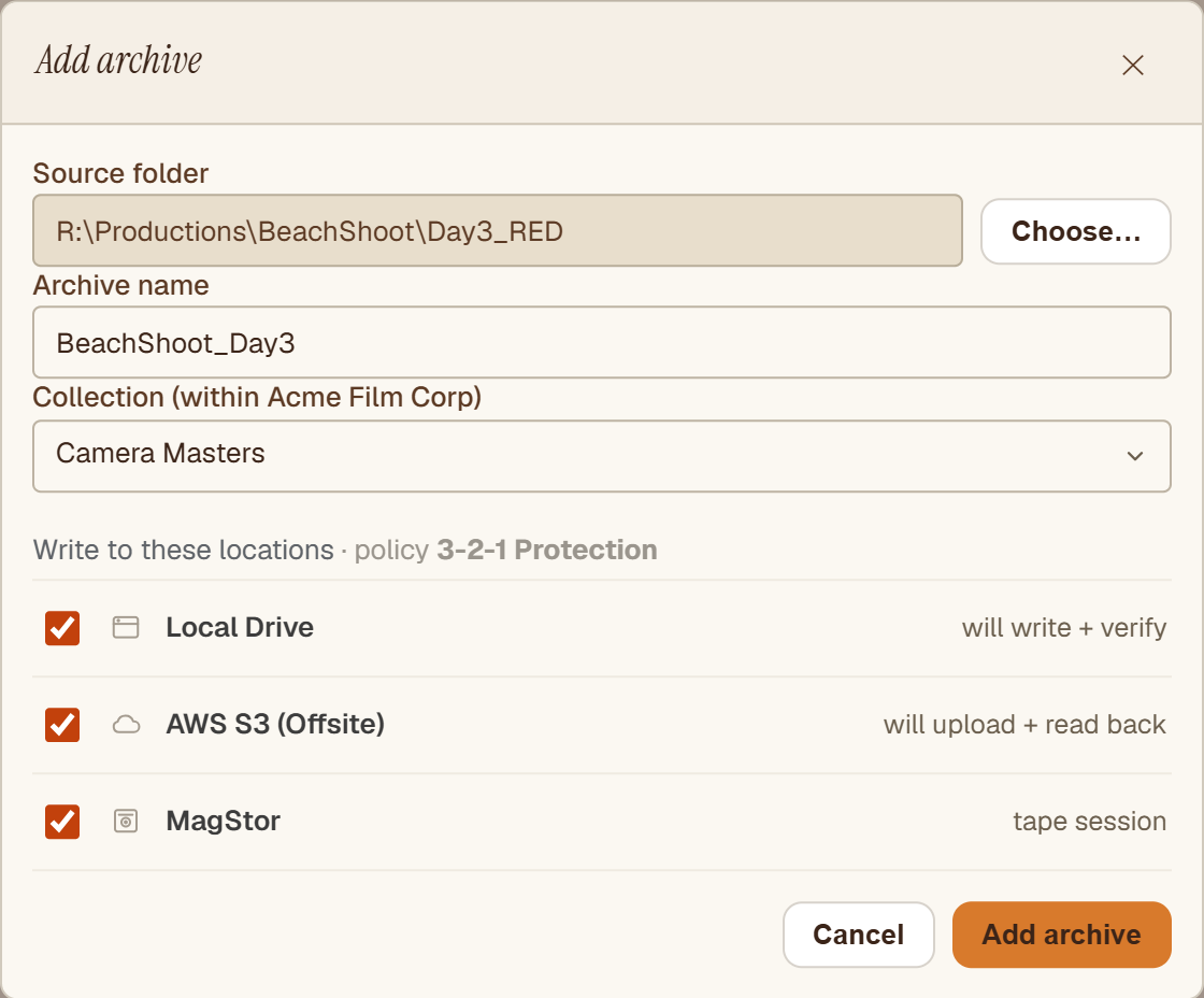 Hiberden Add archive dialog with a source folder chosen and a fan-out preview across local, cloud, and tape.
