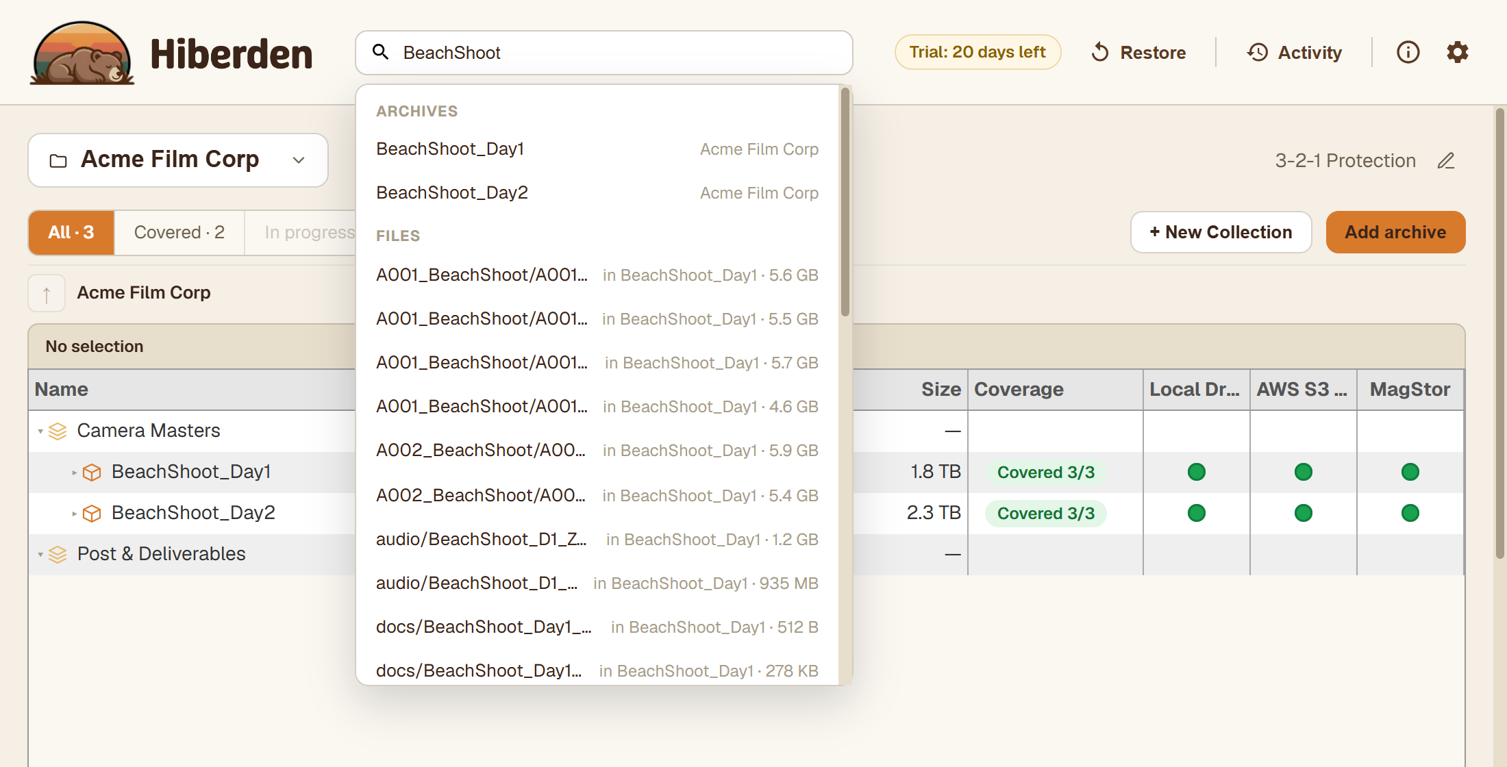 Hiberden global search showing file-level matches across archives, each labelled with the archive it belongs to.